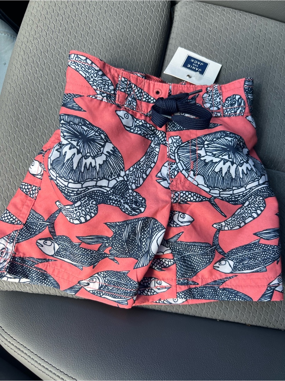 Janie and Jack Coral Swim Shorts with Navy Sea Life Print